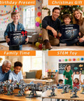 A boy with a mechanical T-Rex building kit; a family holding the kit; adults and children assembling STEM toy in various scenes.