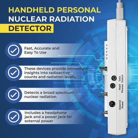 Side view of handheld personal nuclear radiation detector with features; Digital Pro-Grade Geiger Detector With External Wand Probe ANSI N323A Certification Ready 0.001 mR Per Hour Resolution 1000 mR Per Hour Range Handheld Nuclear Radiation Detector For Regulatory Inspections