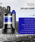 Black submersible pump on water with specs chart, featuring model SP250 from JEFLIKE, suitable for clean water use.