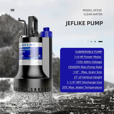 Black submersible pump on water with specs chart, featuring model SP250 from JEFLIKE, suitable for clean water use.