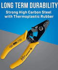 Three Hole Fiber Optic Stripper With Angled Jaw And Safety Lock, yellow handles, strong high carbon steel and thermoplastic rubber
