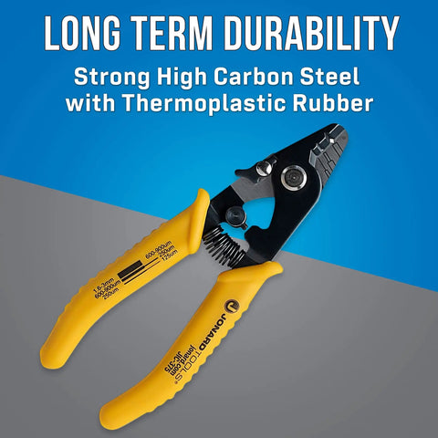 Three Hole Fiber Optic Stripper With Angled Jaw And Safety Lock, yellow handles, strong high carbon steel and thermoplastic rubber