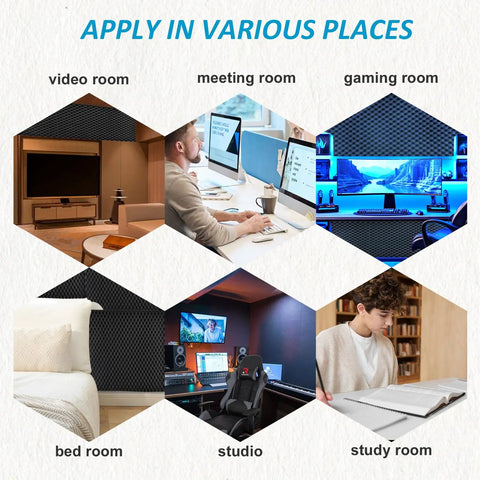 Four Pack 48X24X2 Inch Egg Crate Acoustic Foam Panels For Walls in various room settings like video, gaming, and studio.