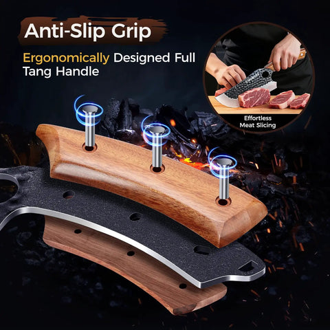 Close-up of anti-slip grip handle from Three Piece Hand Forged Butcher Knife Set With Gift Box Includes Chef Knife Meat Cleaver And Viking Deboning Knife