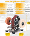 Mini Belt Sander For Knife Making Electric Bench Grinder with stainless steel and rubber base, dimensions 14.5x5.5x5.5 inches.