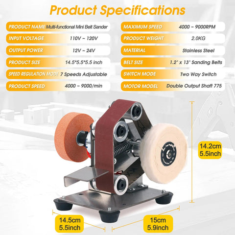 Mini Belt Sander For Knife Making Electric Bench Grinder with stainless steel and rubber base, dimensions 14.5x5.5x5.5 inches.