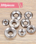 Stainless steel cup countersunk finish washers, front view, 300 pcs, sizes #6–#12.