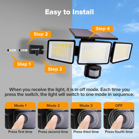 Badass Solar Security Flood Lights, 3 Head Motion Sensor Spots, Rock Solid IP65 Waterproof Bulbs With Wide Angle Detection For Patio And Yard, Killer Brightness In 2 Pack Set