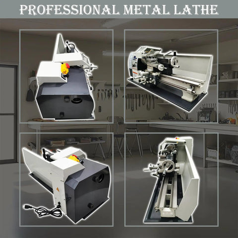 Precision 8X16 Metal Bench Lathe Featuring Auto Metric To Inch Thread Switching 1100W Brushless Motor shown in workshop setting.