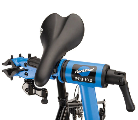 Deluxe Home Mechanic Bike Repair Stand With Pro-Grade Clamp, Easy Setup, showing PCS-10.3 pro-grade clamp holding bike securely