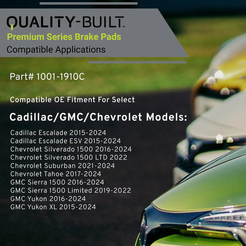Text listing compatible Cadillac, GMC, Chevrolet models for Premium Ceramic Front Brake Pads 1001-1910C.