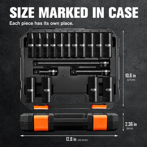 18 Piece Half Inch Drive Deep Impact Socket Set With 6 Point Metric Sizes 10mm Through 24mm in heavy duty storage case open