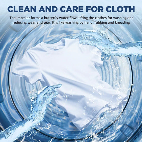 Heavy Duty Portable Washing Machine With Self Draining Pump Ten Auto Wash Cycles And Slick LED Interface slides into tiny kitchens with flowing water and a white shirt.