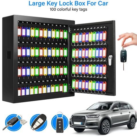 100 Key Lock Box With Anti Theft Safe Cabinet Beefy Steel Build Key Tags Wall Mount Key Organizer open with colorful key tags