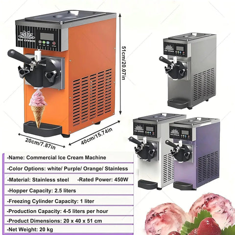 Heavy Duty Commercial Ice Cream Machine in orange and silver, 51cm high, 2.5L hopper, perfect for cafes and milk tea shops.