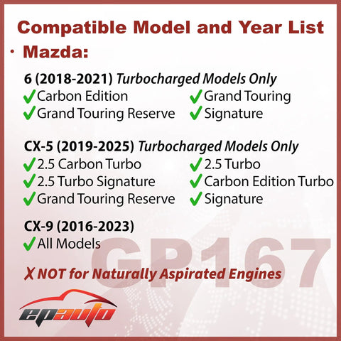 Compatible Mazda models for engine air filter replacement, turbocharged 6 (2018-2021), CX-5 (2019-2025), CX-9 (2016-2023), not for naturally aspirated engines.
