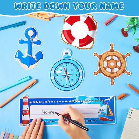 Person writing on a nameplate from the 64 Piece Nautical Classroom Decor Bundle With Nameplates And Sailing Paper Cutouts Plus Glue Dot Sheets