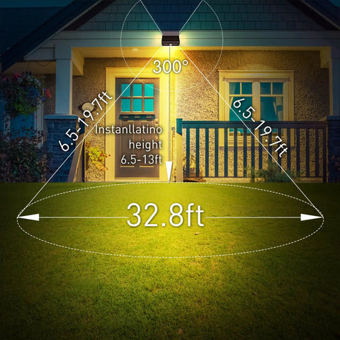 Installed Solar Motion Sensor Security Light Outdoor With Lens LED Waterproof Wireless Wall Light illuminating front yard.