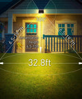 Outdoor Solar Motion Sensor Security Lights illuminating porch with coverage diagram, showcasing a wireless solar-powered LED installation.