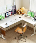 63 Inch Sit To Stand Electric L Shaped Desk With Height Adjustment Range 27.9 To 46.1 Inches, ergonomic white workstation setup