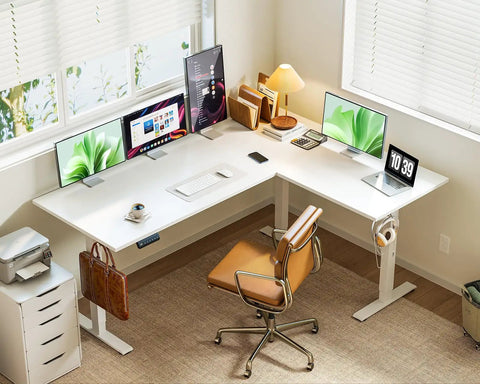 63 Inch Sit To Stand Electric L Shaped Desk With Height Adjustment Range 27.9 To 46.1 Inches, ergonomic white workstation setup