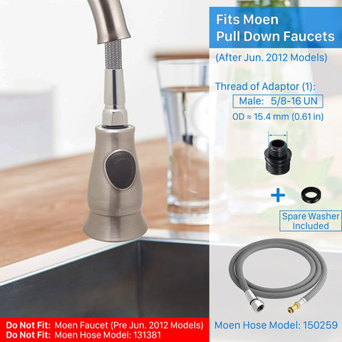 Universal Kitchen Faucet Sprayer Head With 3 Adapters, Brushed Nickel Pull-Down Replacement for Most Brands installed on sink