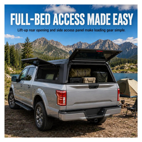 Rock Solid Truck Bed Cap For Nissan Frontier 2022 Through 2026 Fits The 5ft Short Bed Perfectly With Heavy Duty Lockable Design, rear view with open lift-up and side access.