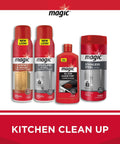 Magic kitchen cleaning products: cabinet and wood cleaner, stainless steel cleaner, glass cooktop cleaner, wipes.