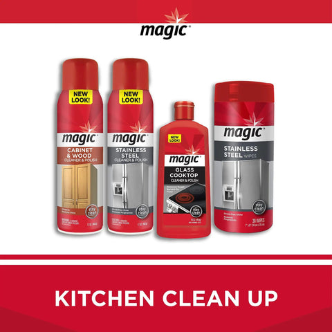 Magic kitchen cleaning products: cabinet and wood cleaner, stainless steel cleaner, glass cooktop cleaner, wipes.