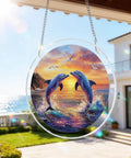 Vivid Tree Of Life Acrylic Sun Catcher Puzzle Kit with dolphins vignette hanging in garden, 7.4 inch, rainbow light effect