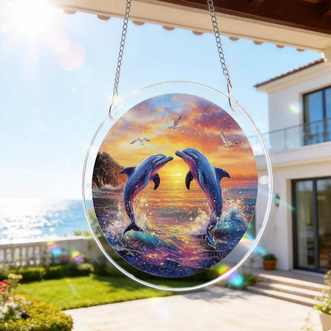Vivid Tree Of Life Acrylic Sun Catcher Puzzle Kit with dolphins vignette hanging in garden, 7.4 inch, rainbow light effect