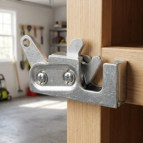 Beefy Galvanized Steel RV Push Latch Kit With Flush Mount Heavy Duty Rotary Lock And Spring Loaded Latch on wood door