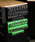 Magnetic Socket Organizer Set For Metric And SAE Drives With holders on tool box in black and green magnetic rack