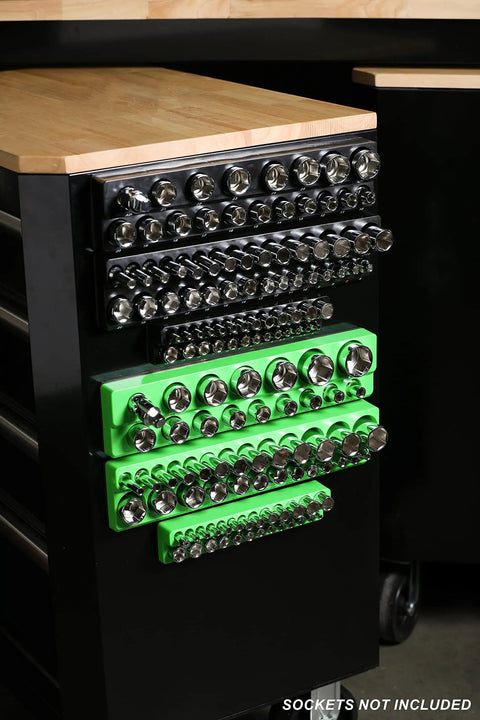 Magnetic Socket Organizer Set For Metric And SAE Drives With holders on tool box in black and green magnetic rack
