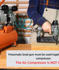Person using 2 In 1 Pneumatic Brad Nail Gun And Staple Gun For DIY Woodworking With 18 Gauge 2 Inch Brad Nails, air compressor not included.