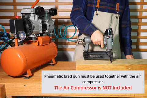 Person using 2 In 1 Pneumatic Brad Nail Gun And Staple Gun For DIY Woodworking With 18 Gauge 2 Inch Brad Nails, air compressor not included.