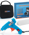 Super Reliable Heavy Duty Mini Hot Glue Gun Kit With Rugged Travel Case And Ten Clear Adhesive Sticks Built For Lightning Repairs Weekend Tinkering And Classroom Tasks In Bright Blue next to a black case and clear adhesive sticks.