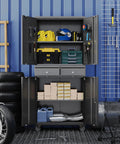 Heavy Duty Metal Garage Cabinet With Dual Drawers And Precision Glide Locking Casters Hella Rugged Rolling Tool Chest stacked with tools and storage in garage.