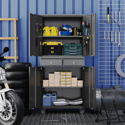 Heavy Duty Metal Garage Cabinet With Dual Drawers And Precision Glide Locking Casters Hella Rugged Rolling Tool Chest stacked with tools and storage in garage.