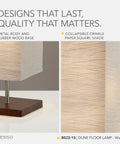 Image of metal body lamp with rubber wood base and collapsible crinkle paper square shade, highlighting quality design.