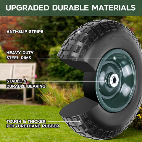 Close-up side view of Two Pack 13 Inch 4.00-6 Airless Rubber Wheel Set With 5/8 Inch And 3/4 Inch Bearings Flat Free Replacement Tires.