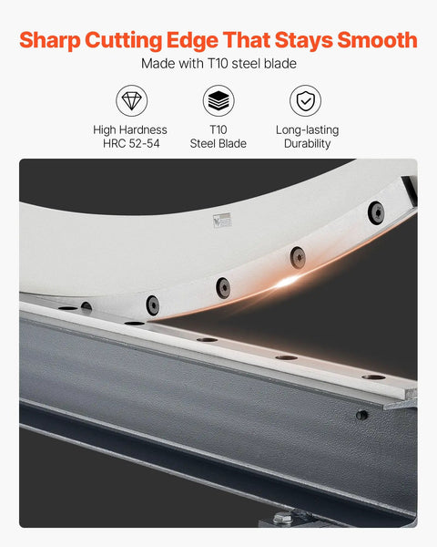 Close-up of T10 steel blade on Beefy 39 Inch Bed Width Manual Guillotine Shear For Metal Sheets Benchtop Cutter, highlighting sharpness.