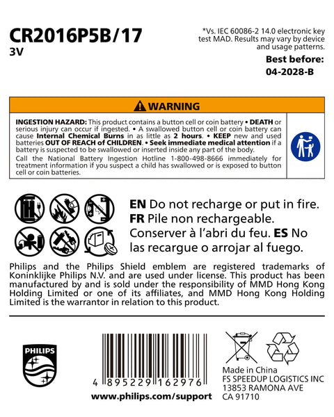 CR2016 3V Lithium Coin Cell Batteries 5 Pack safety warning label with ingestion hazard and usage instructions