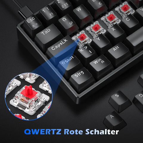 Close-up of Compact 60 Percent Mechanical Gaming Keyboard Featuring Silky Linear Red Switches And Detachable Type C Cable, showing red switches.