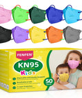 Kids KN95 Disposable Face Masks Pack of 50 for Small to Large Kids Breathable Everyday Use Protection With Comfortable Ear Loops FSA HSA Eligible Child Mask, shown in various colors with packaging