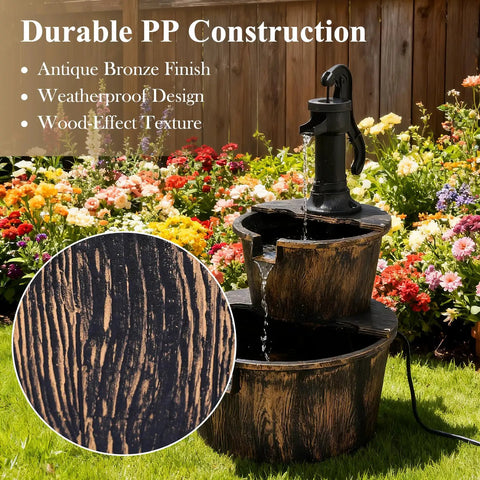 Rustic Two Tier Barrel Waterfall Fountain For Backyard Patio And Garden Bronze Finish 27 Inch Electric Water Feature