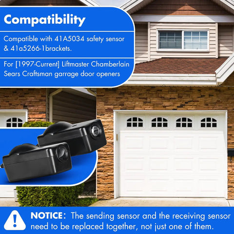 Garage Door Safety Sensor Replacement Kit 41A5034 for LiftMaster Sears Chamberlain Craftsman Openers Made After 1997 Includes Two Sensors Plug And Play Install shown in front of a garage door.