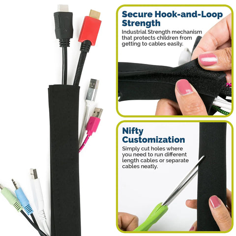 Hands using Baby Proof Cable Covers For Wires And Cables, Flexible Cut-To-Fit Neoprene Sleeves to tidy cords, features text