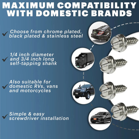 Heavy Duty Stainless Steel License Plate Screws Rustproof Bolts for Domestic Iron and Import Rigs, 3/4 inch length, self-tapping.