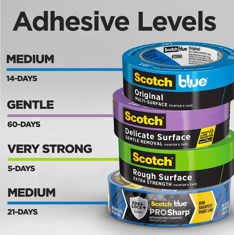 Stack of multi-surface painter's tapes with adhesive levels, including 1 inch wide blue masking tape, for indoor and outdoor use.